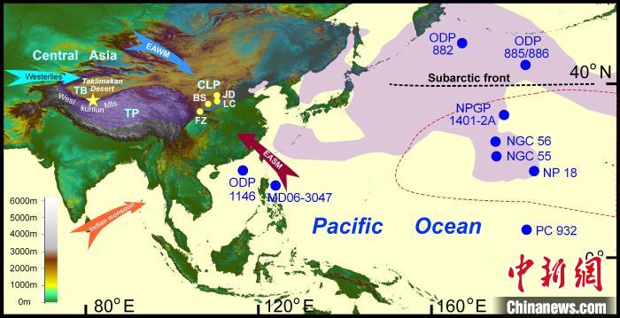 塔里木沙塵傳輸至北太平洋的路徑(陰影區(qū))及西昆侖山黃土巖芯位置(五角星)。　中科院青藏高原所 供圖