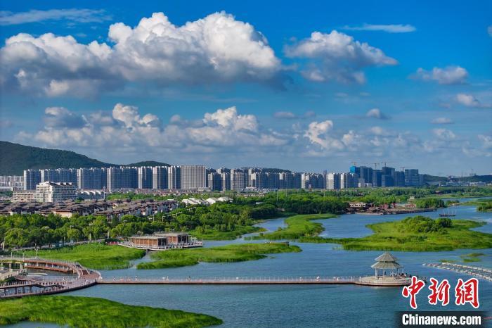 資料圖：航拍蘇州太湖湖濱國(guó)家濕地公園，藍(lán)天碧水生態(tài)美。 泱波 攝