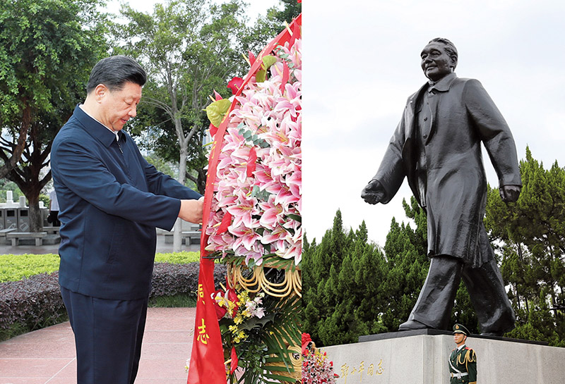 2020年10月14日，習(xí)近平總書記向深圳蓮花山公園鄧小平同志銅像敬獻(xiàn)花籃。