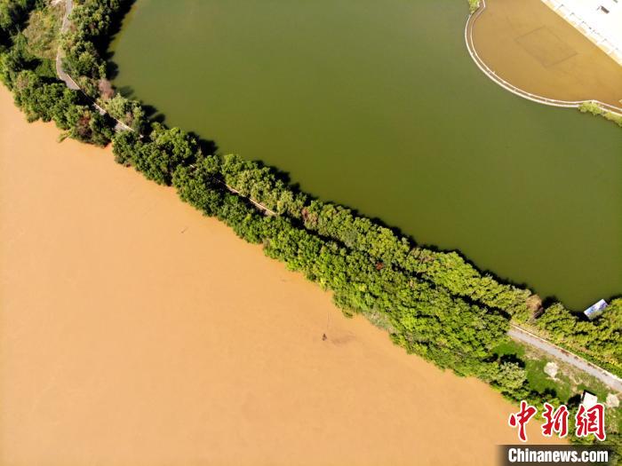 圖為2020年9月3日航拍黃河蘭州段濕地公園現(xiàn)黃河“鴛鴦鍋”。(資料圖) 高瑩 攝