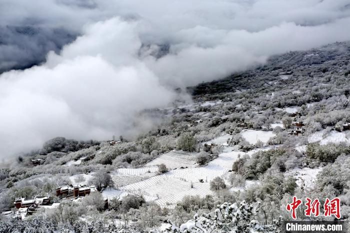 雪后的丹巴半山云霧繚繞?！±钣腊?攝