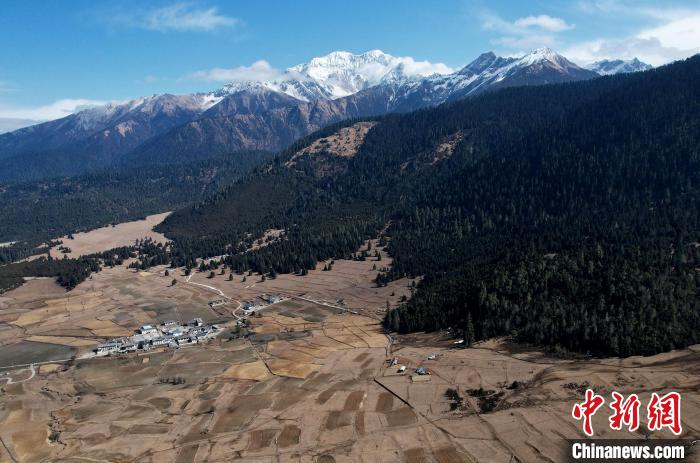 2月17日，西藏林芝魯朗小鎮(zhèn)周邊雪山與牧場。(無人機照片) 李林 攝