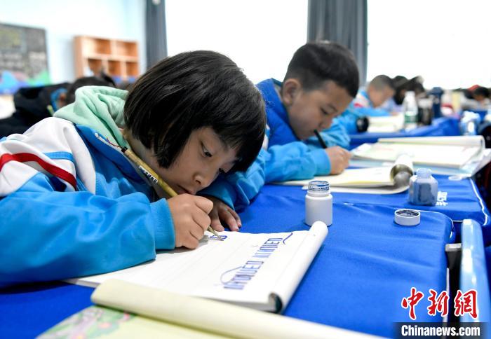 3月14日，西藏拉薩市第一小學(xué)一年級(jí)六班的學(xué)生們?cè)诓卣Z文課上書寫藏文?！±盍?攝